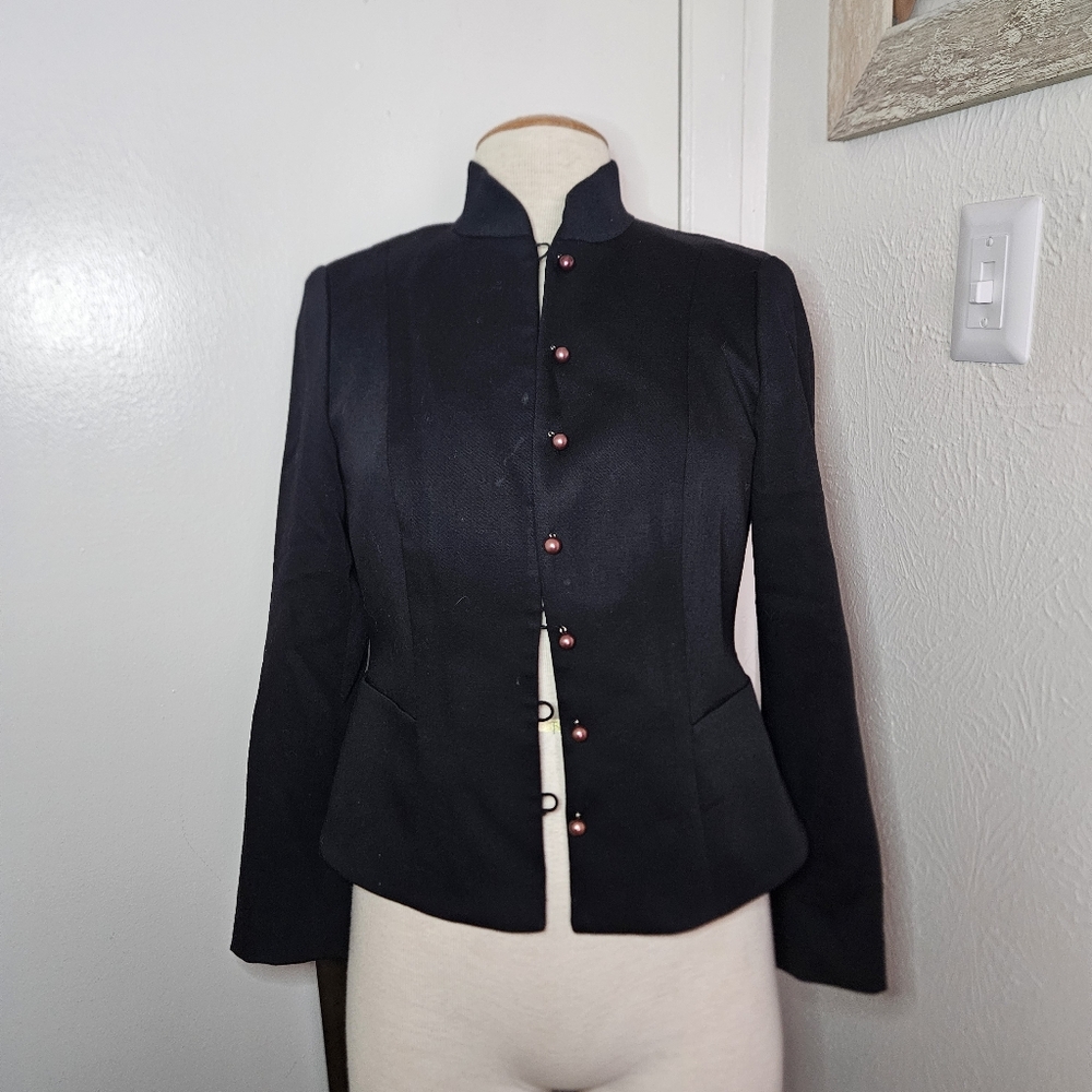 VTG WORTH petite Black Wool Blazer Jacket Pearl Design Buttons Women 6 EUC